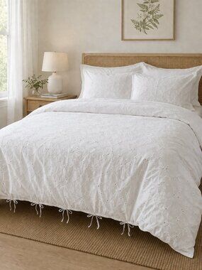 HOME TRENDS Eyelet Cotton Double/Queen Duvet Cover Tie White Cottage Minimalist